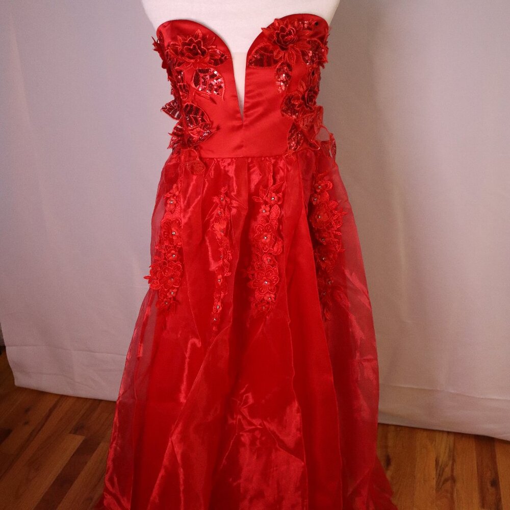 NWOT Scarlet Bloom Appliqué Gown – Strapless Embellished Tulle Formal Dress